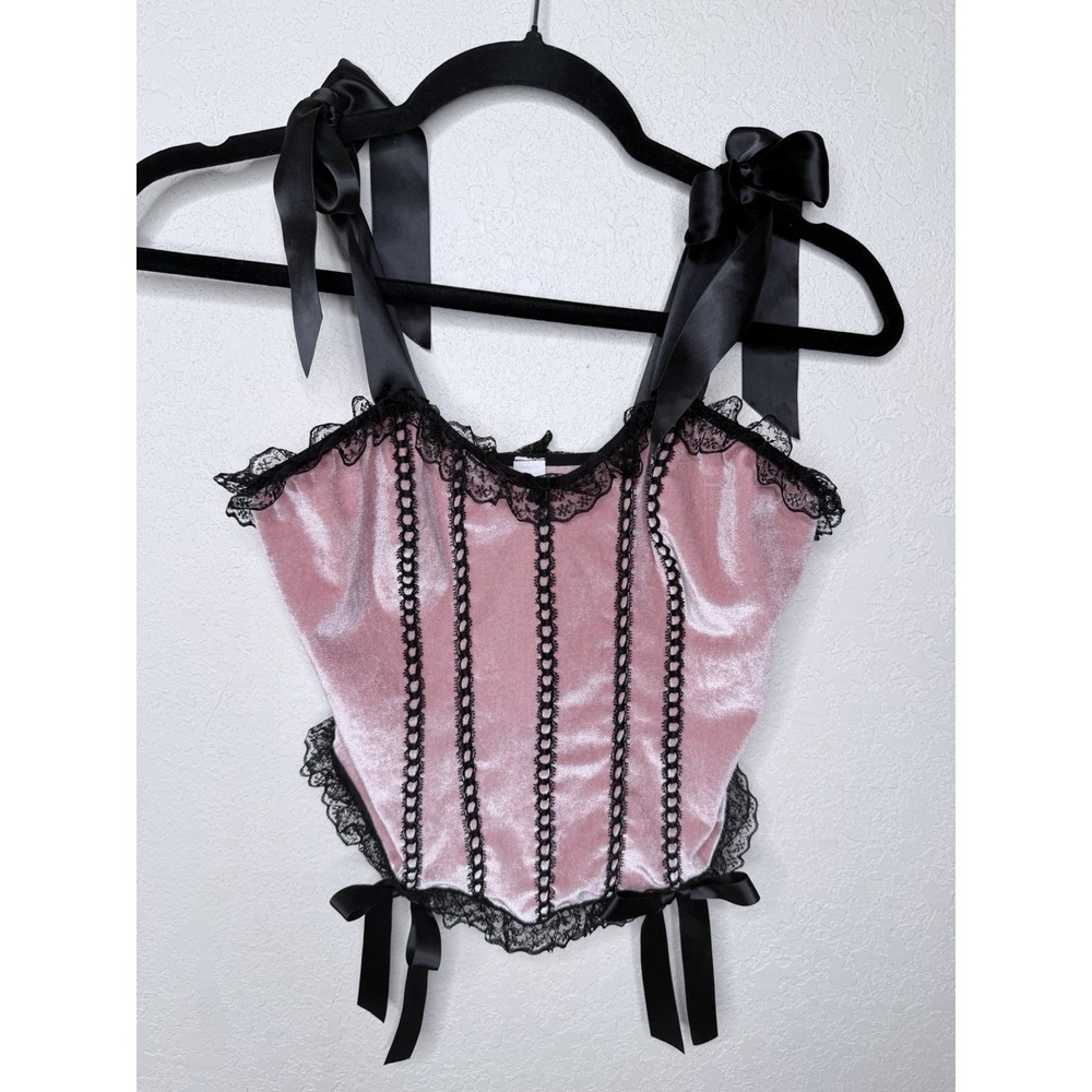 Womens Velvet Lace Corset S Pink Black‎ Whimsigoth Goth Dark Romantic Coquette